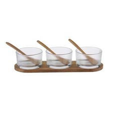 7 Piece Glass Bowl Serving Set with Wooden Tray and Spoons for Dining Table