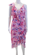 Allison Womens Ruffled Trim Floral Print Sleeveless Wrap Dress Pink Size S