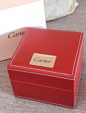 CARTIER RED LEATHER WATCH BOX WHITE STITCHED APPLIED METAL LABELS