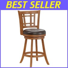 Comfortable 24.5” Oak Swivel Stool with Geometric Lattice Back and Easy Assembly