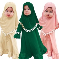 2PCS Kid Baby Girls Khimar Abaya Hijab Prayer Dress Set Muslim Niqab Kaftan Robe