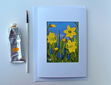 REAL PAINTING Card in white mount "Daffs in Spring #05 " w/env by Judith Rowe