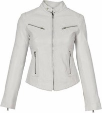 CLASSIC New Women's Collar Loop White Jacket 100% Real Lambskin Moto BikerJacket