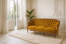 20th Century Louis XV French Button Back Mustard 3 Seater Sofa  -Rococo Style