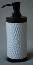 TAHARI HOME White Ceramic Exotic Wood Soap Dispenser Blooming Dahlia Geo Beads