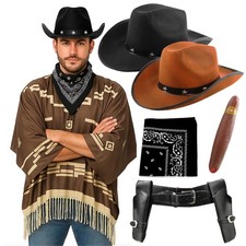 Western Poncho Cowboy Adults Stud Hat Holster Costume Movie Fancy Dress Eastwood