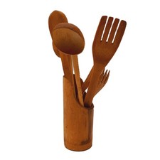 Vintage set of wooden kitchen cooking utensils in a matching holder