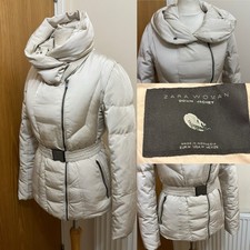 ZARA Beige Cream DOWN FEATHER Full Zip BELTED Puffer Jacket UK 8 10 POCKETS Cosy