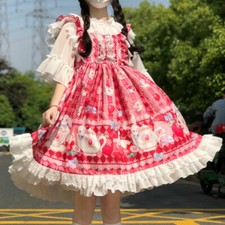 Women Girl Lolita Dress Lace Ruffle Frill Pleat Japanese Cute Kawaii Cosplay Red
