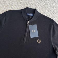 Fred Perry Bomber Neck Zip Polo Shirt Black Short Sleeve Knit Mens Medium BNWT