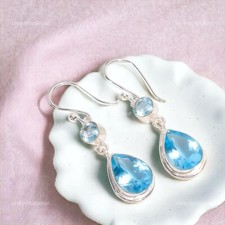 Faceted Aquamarine Stone Mother Hook Dangle Drop Elegant Earrings 925 Silver