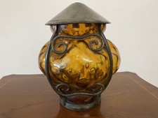 Vintage Amber Blown Glass Chandelier Ceiling Hanging Light With Cast Iron Cover