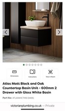 Atlas Matt Black Oak Countertop Basin Unit 600mm 2 Drawer with Gloss White Basin