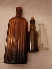 3 Vintage Antique Glass Bottles incl. "Bottled by Jeyes" Amber & Small Corked Bt