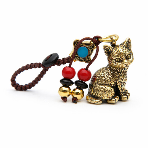 Cat keyring brass - brass, cord