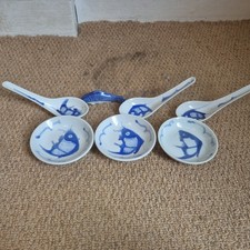 3 x Chinese Koi Carp Soup Bowl Spoon Set Blue & White Porcelain 6 Pieces