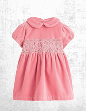 Mini Boden Girls Velvet Smocked Dress Cotton Collared Pink RRP £45