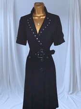  Vintage Karen Millen UK 10 Black Military Style Eyelet Belted A-Line Dress
