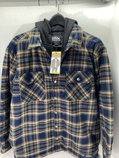 Eddie Bauer Flannel Hooded Shirt Jacket Shacket Men Medium Plaid Snap Quilted