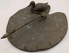 Vintage Duck Lily Pad Sundial Brass Plated Cast Iron Garden Decor 8" Patina