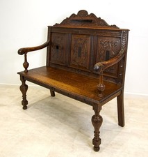 Antique Carved Oak Hall Bench c.1900 – Victorian Oak Settle Seat
