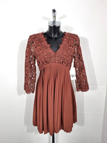 Zara red brown lace pleated - brown,