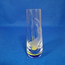 Caithness Glass Vase Wild Otter Etched Clear Blue 9" Scotland Label Fish Gift