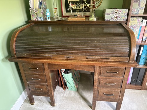 Oak roll top desk - desk, antique