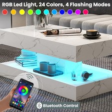 Modern White Marble Coffee Table High Gloss LED 2 Tiers Rectangle Tea Table 