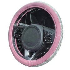 Pink Steering Wheel Cover 38cm PU Leather Crystal Bling Sparkle Rhinestone Decor