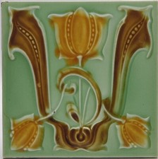 Art Nouveau Fireplace Majolica Tile Green Floral Design Lea & Boulton C1906 AE2
