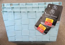 3 x Wide Weave Mini Storage Baskets 12.5 X 25 X 25cm Light Blue