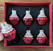 Boxed Red Glass Cupcake Christmas Tree Baubles, Set of 6. Good Condition