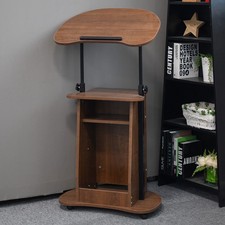 Brown Mobile Lectern Presentation Stand Adjustable Laptop Table W/ Storage Shelf