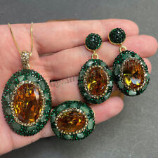 Emerald Inlay Oval Zultanite Crystal Gem Pendant Necklace + Ring + Earrings Set