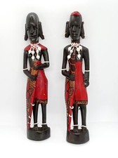 Vintage African Dark Wooden Carved Maasai Tribal Warriors Statues 2pcs 32cm high