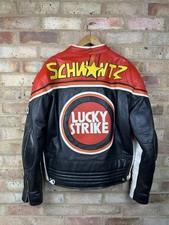 Vintage 80’s Lucky Strike Biker Leather Jacket Size L Kevin Schwantz 