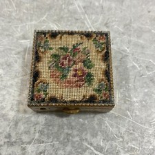 Vintage Floral Petit Point Gold Tone Hinged Pill Box Trinket Box