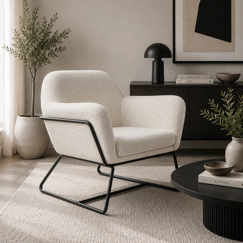 Cream boucle fabric armchair - cream,