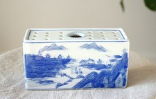 Vintage Blue And White Porcelain Flower Brick Hand Painted Landscape Rectangular