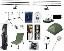  Complete Carp Fishing Outfit Set Chair Shelter  Rods Reels Alarms Pod Bag Net 
