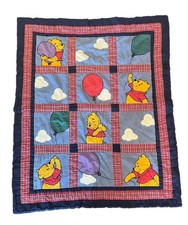VTG 1998 Disney Winnie the Pooh Quilt Comforter 36x42 Baby Blanket Plaid Balloon