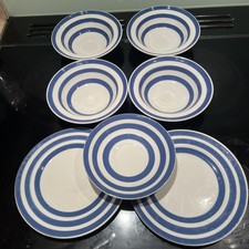 4 Swinnertons Somerset Blue Rimmed Striped Ironstone Bowls, 2 Plates, 1 Saucer