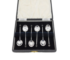 Boxed Set of Sterling Silver Bean Terminal Coffee Spoons Antique 1922 Art Deco