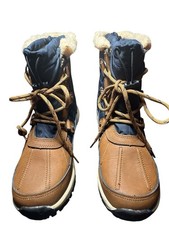 BearPaw Women’s Waterproof Leather Nylon Boots Sz 7 Blue Tan  Wool Blend Lining