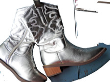 Cowboy Cowgirl Boots Mid Calf Ladies Heel Zip Western Silver Size EU 40 UK 6.5