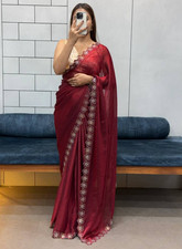 Shiny silk saree indian diamond border work wedding party designer women sari