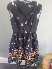 Hell Bunny Ladies Dress Size 10 Black Floral Butterfly V Neck Zip Back Bright