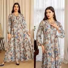 V-Neck Gown Islamic Burqas Muslim Eid Jalabiya Arab Women Robe Print Dress Dubai