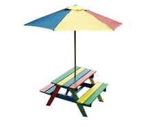 Kids Picnic Table Wooden Children Rainbow Garden Bench Furniture Parasol Set